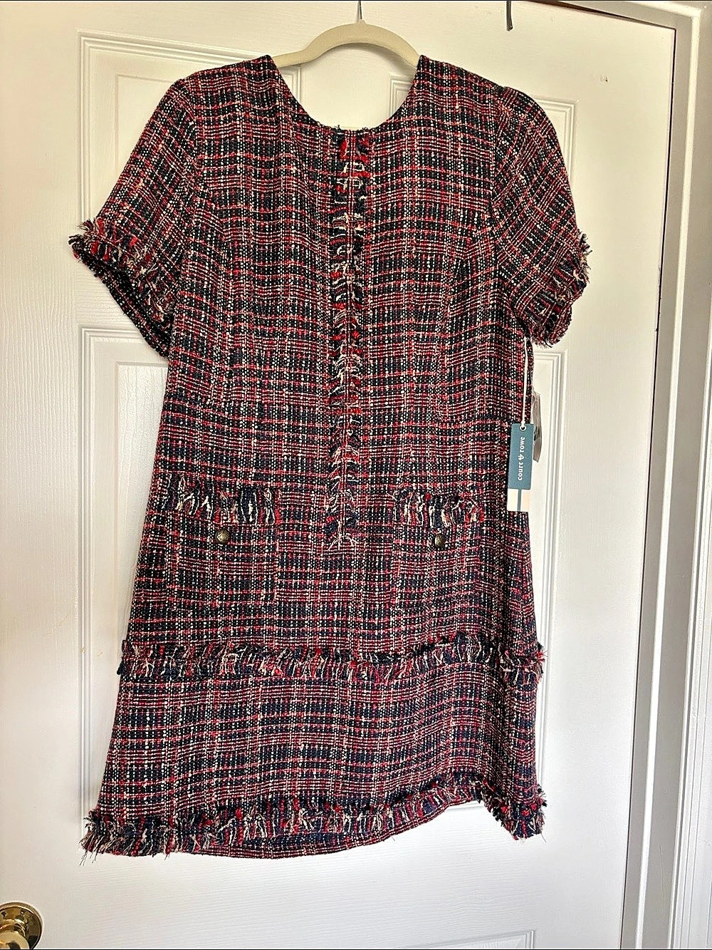 court & rowe Tweed Fringe Dress Plaid Fringe Mini Dress Blue & Red Size 14 NWT